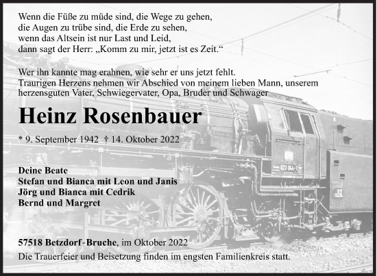 Traueranzeige von Heinz Rosenbauer von Siegener Zeitung