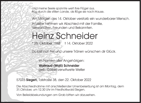 Traueranzeige von Heinz Schneider von Siegener Zeitung