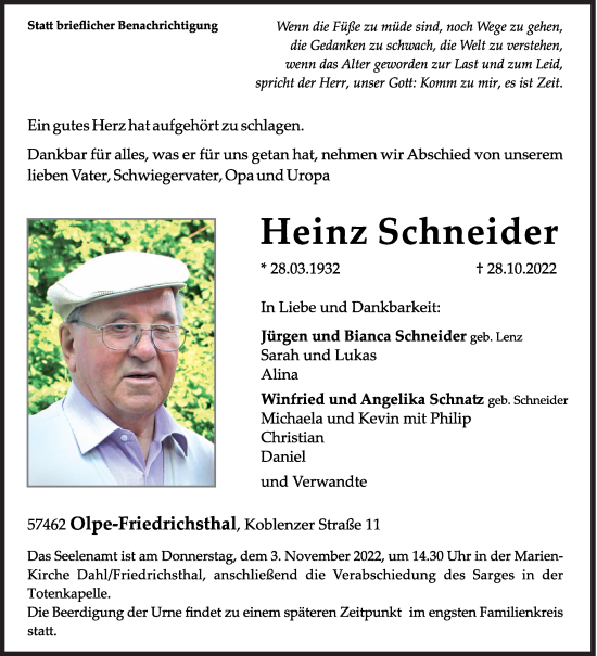Traueranzeige von Heinz Schneider von Siegener Zeitung