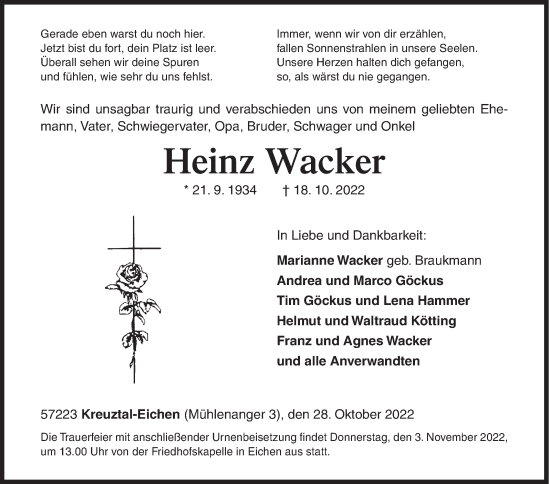Traueranzeige von Heinz Wacker von Siegener Zeitung