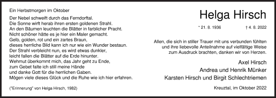 Traueranzeige von Helga Hirsch von Siegener Zeitung
