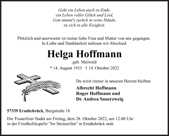 Traueranzeige von Helga Hoffmann von Siegener Zeitung