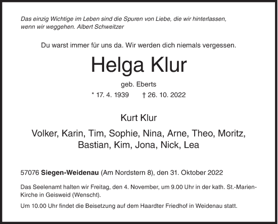Traueranzeige von Helga Klur von Siegener Zeitung