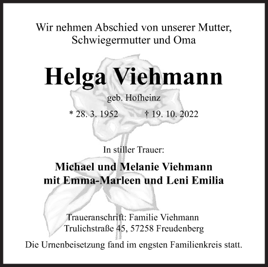 Traueranzeige von Helga Viehmann von Siegener Zeitung