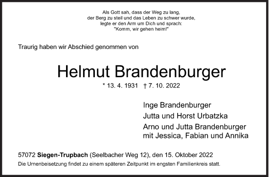 Traueranzeige von Helmut Brandenburger von Siegener Zeitung