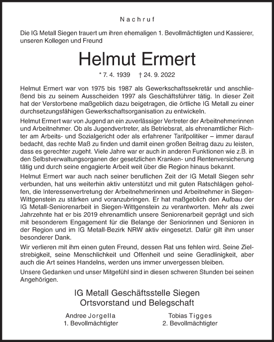 Traueranzeige von Helmut Ermert von Siegener Zeitung