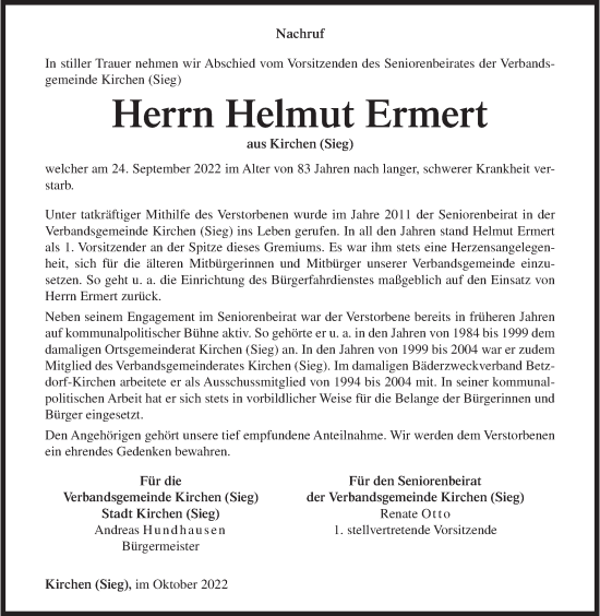 Traueranzeige von Helmut Ermert von Siegener Zeitung