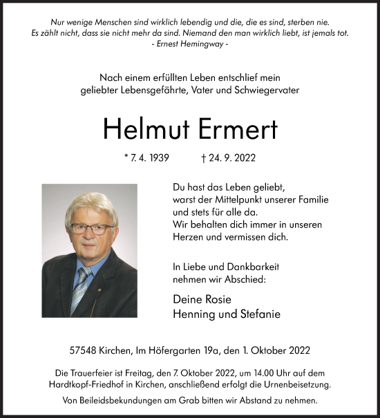 Traueranzeige von Helmut Ermert von Siegener Zeitung