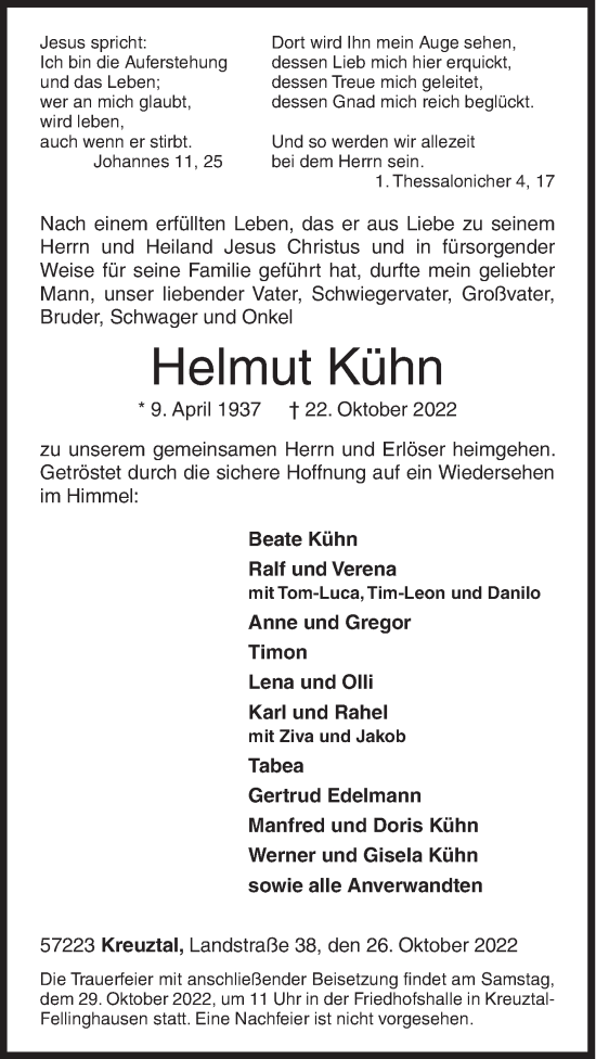 Traueranzeige von Helmut Kühn von Siegener Zeitung