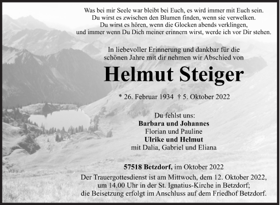Traueranzeige von Helmut Steiger von Siegener Zeitung