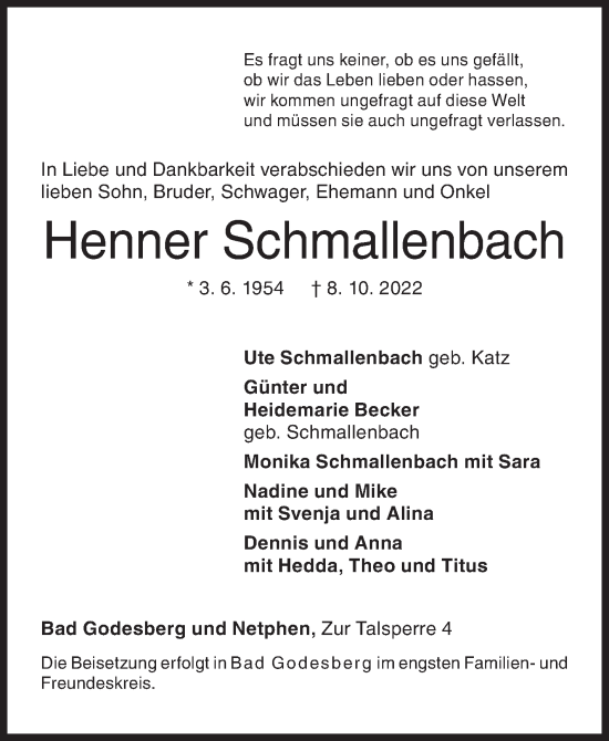Traueranzeige von Henner Schmallenbach von Siegener Zeitung