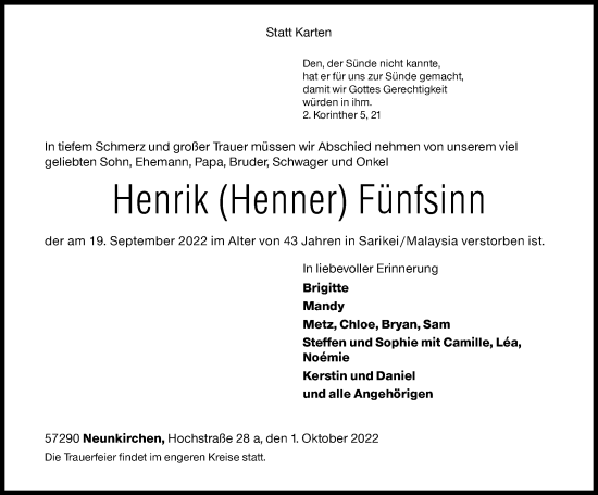 Traueranzeige von Henrik  Fünfsinn von Siegener Zeitung