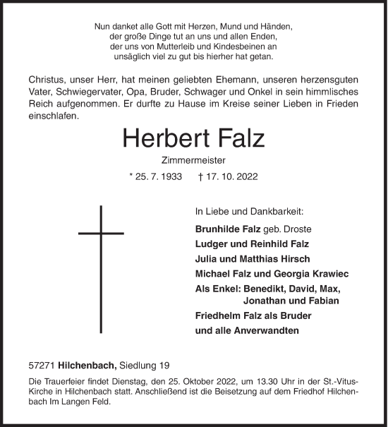 Traueranzeige von Herbert Falz von Siegener Zeitung