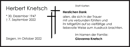 Traueranzeige von Herbert Knetsch von Siegener Zeitung