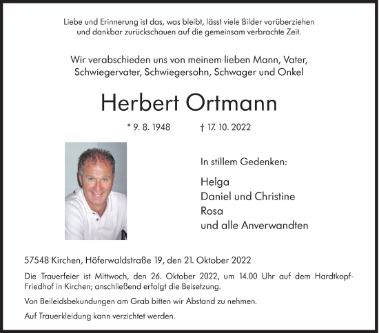 Traueranzeige von Herbert Ortmann von Siegener Zeitung