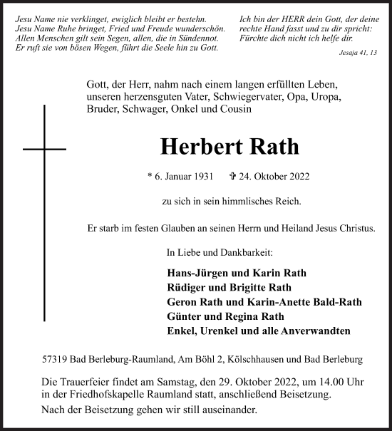 Traueranzeige von Herbert Rath von Siegener Zeitung
