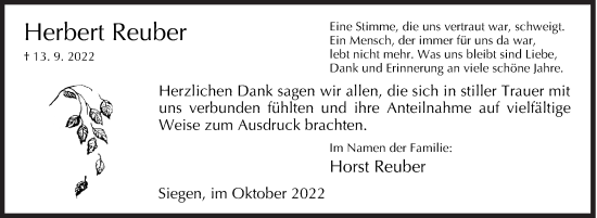 Traueranzeige von Herbert Reuber von Siegener Zeitung
