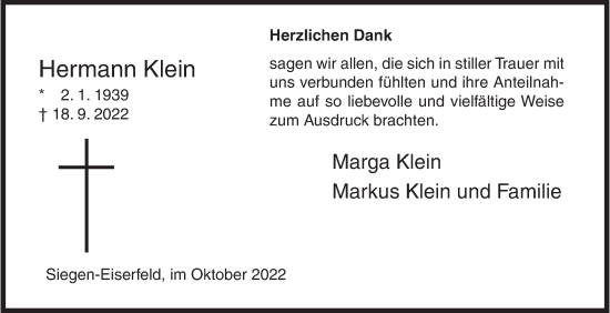 Traueranzeige von Hermann Klein von Siegener Zeitung