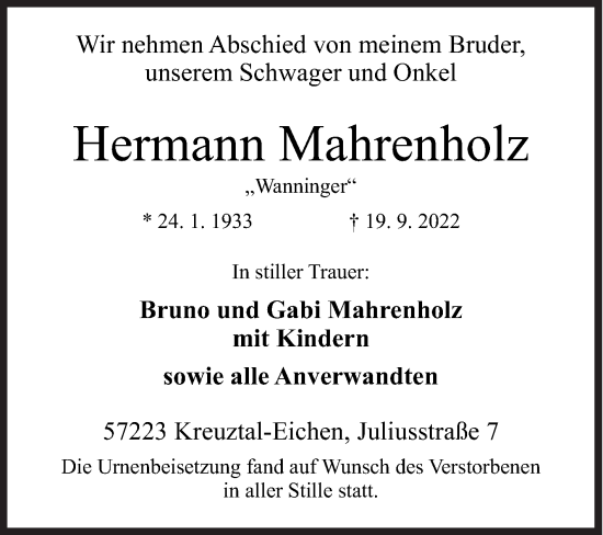 Traueranzeige von Hermann Mahrenholz von Siegener Zeitung