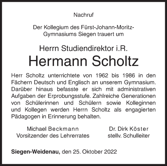 Traueranzeige von Hermann Scholtz von Siegener Zeitung