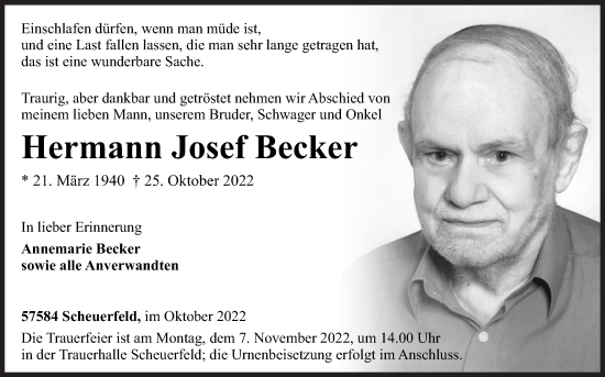 Traueranzeige von Hermann Josef Becker von Siegener Zeitung