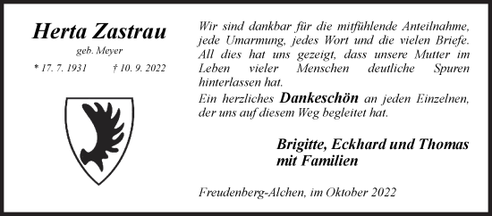 Traueranzeige von Herta Zastrau von Siegener Zeitung