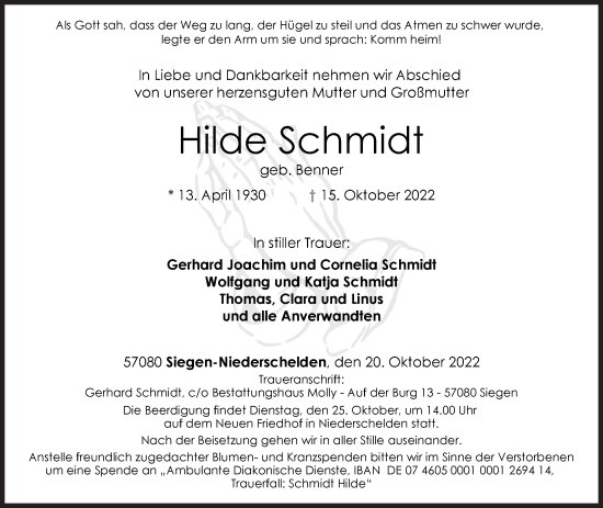 Traueranzeige von Hilde Schmidt von Siegener Zeitung