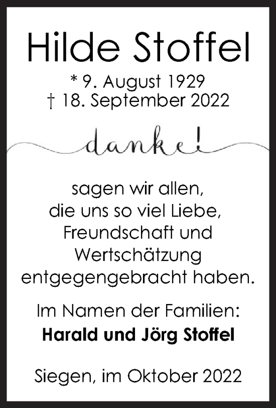 Traueranzeige von Hilde Stoffel von Siegener Zeitung