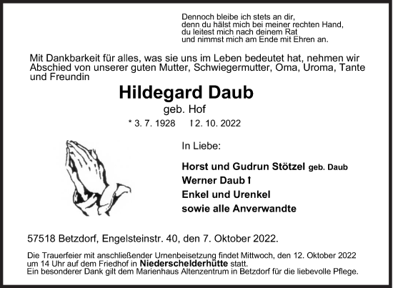 Traueranzeige von Hildegard Daub von Siegener Zeitung