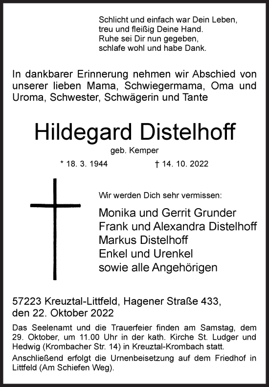 Traueranzeige von Hildegard Distelhoff von Siegener Zeitung