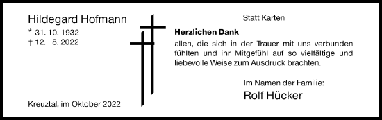 Traueranzeige von Hildegard Hofmann von Siegener Zeitung