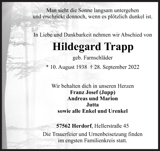 Traueranzeige von Hildegard Trapp von Siegener Zeitung