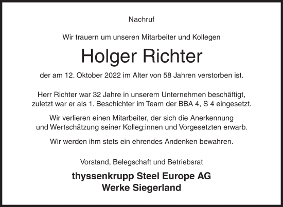 Traueranzeige von Holger Richter von Siegener Zeitung