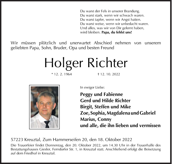 Traueranzeige von Holger Richter von Siegener Zeitung