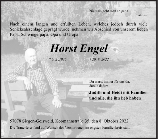 Traueranzeige von Horst Engel von Siegener Zeitung