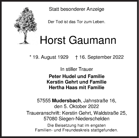 Traueranzeige von Horst Gaumann von Siegener Zeitung