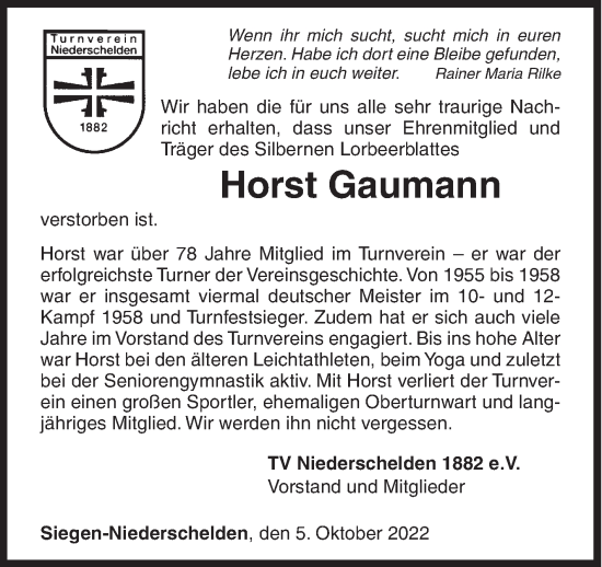 Traueranzeige von Horst Gaumann von Siegener Zeitung
