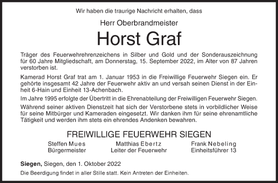 Traueranzeige von Horst Graf von Siegener Zeitung