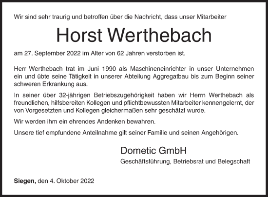 Traueranzeige von Horst Werthebach von Siegener Zeitung