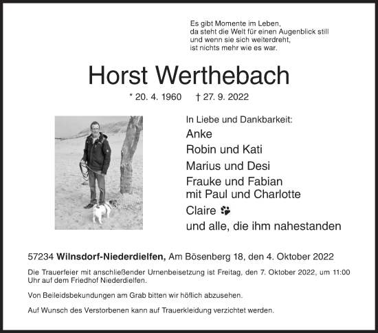 Traueranzeige von Horst Werthebach von Siegener Zeitung