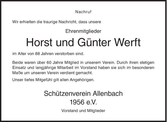 Traueranzeige von Horst und Günter  Werft von Siegener Zeitung