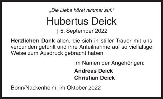 Traueranzeige von Hubertus Deick von Siegener Zeitung