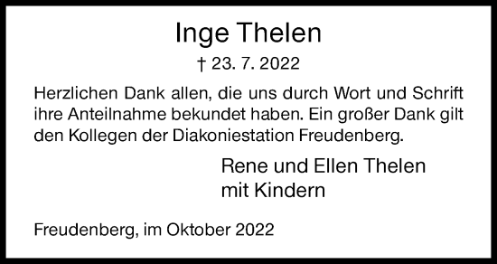 Traueranzeige von Inge Thelen von Siegener Zeitung