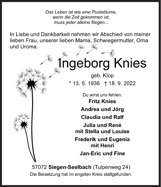 Traueranzeige von Ingeborg Knies von Siegener Zeitung