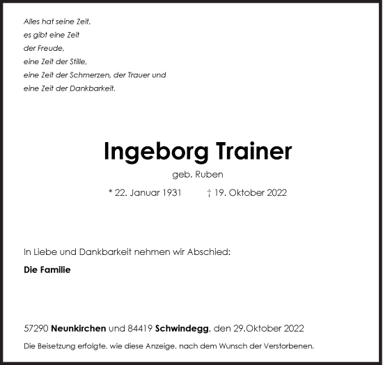 Traueranzeige von Ingeborg Trainer von Siegener Zeitung