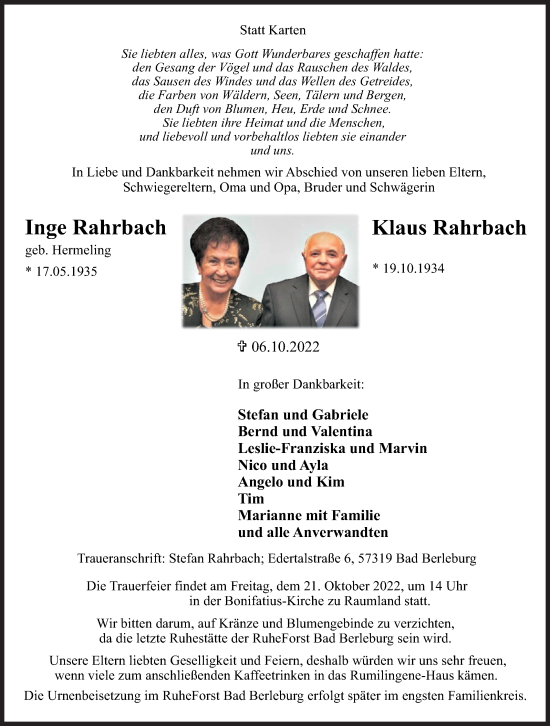 Traueranzeige von Inge und Klaus Rahrbach von Siegener Zeitung