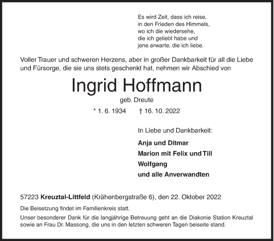 Traueranzeige von Ingrid Hoffmann von Siegener Zeitung