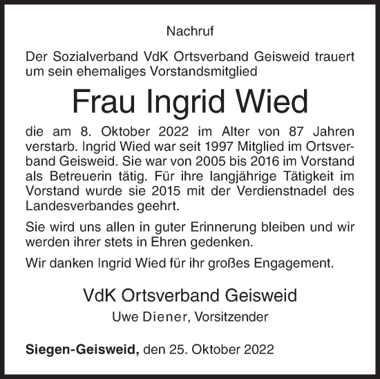 Traueranzeige von Ingrid Wied von Siegener Zeitung