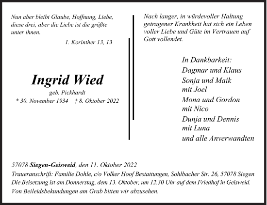 Traueranzeige von Ingrid Wied von Siegener Zeitung