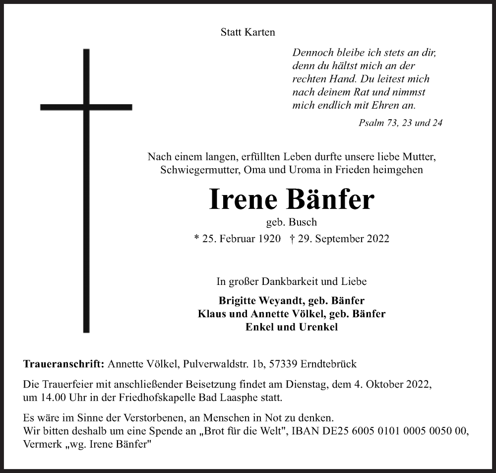  Traueranzeige für Irene Bänfer vom 01.10.2022 aus Siegener Zeitung